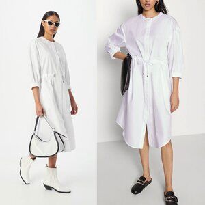 Max Mara Sheree Cotton Midi Shirt Dress ¾ Sleeve Drawstring Pockets White Size 6